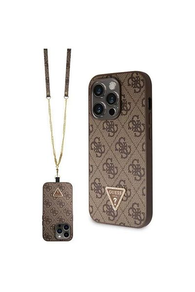 Guess Husa Pu 4g Strass Triangle Metal Logo With Crossbody Strap Iphone 15 Pro Max Brown
