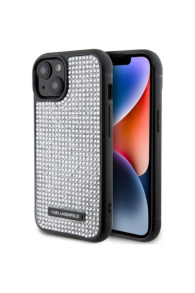Karl Lagerfeld Husa Rhinestone Plate Metal Logo Iphone 15 Argintiu