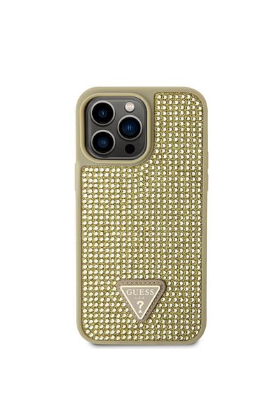 Guess Rhinestones Triangle Metal Logo Case Iphone 14 Pro Max Gold