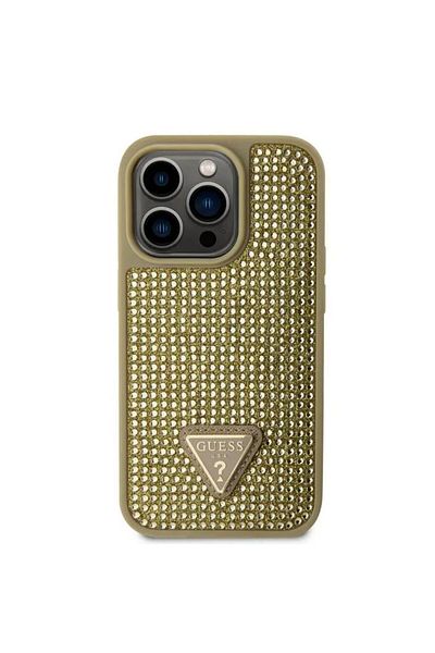 Guess Rhinestones Triangle Metal Logo Case Iphone 15 Pro Max Gold