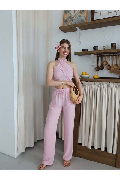Zoe Zoe PANTALONI CROP CU GULER CU LEGATI CU TALIE ELASTICA SET DUBLU