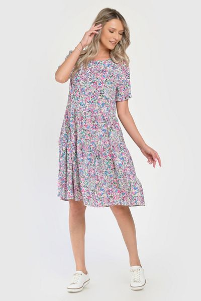 Eranthe Rochie Medie Dama V283, cu Imprimeu MicroFloral Roz