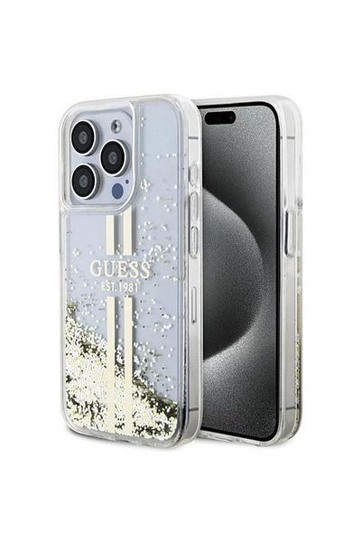 Guess Case Liquid Glitter Gold Stripe Iphone 15 Pro Transparent