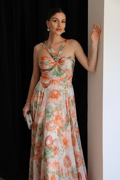 Julidress Chiffon Satin Crystal Jewel Brooch Strapless Neckline Strap Evening Dress Premium Designer Dress