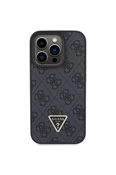 Guess Pu 4g Strass Triangle Metal Logo Case With Crossbody Strap Iphone 15 Pro Black