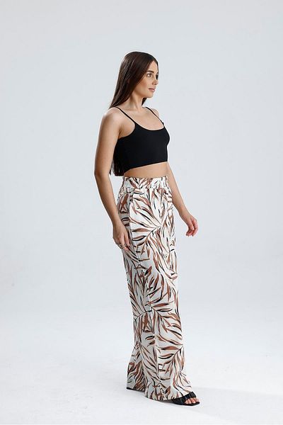 VAPUR TEKSTİL Leaf Patterned Linen Trousers with Elastic Waist