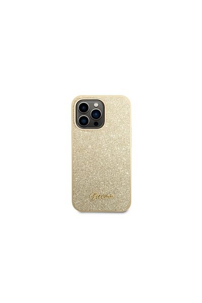 Guess Case Iphone 14 Pro Glitter Tpu Flakes Script Metal Logo Gold