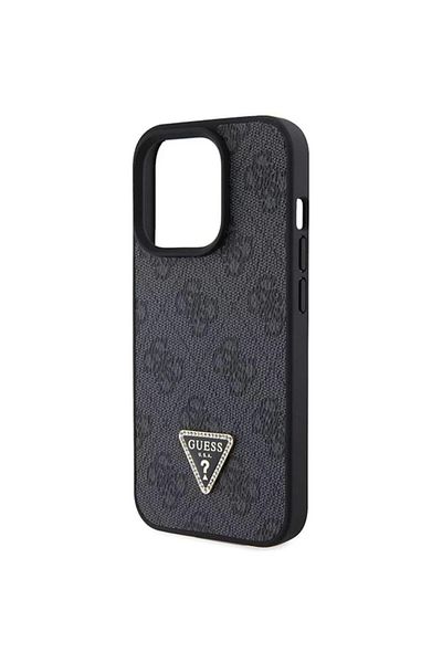 Guess PU 4G Strass Triangle Metal Logo Case with Crossbody Strap iPhone 15 Pro Black