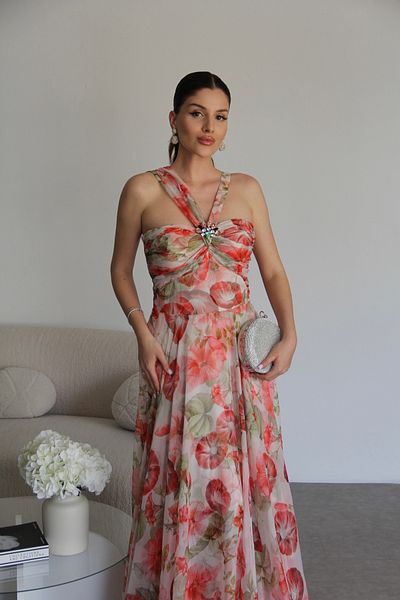 Julidress Chiffon Satin Crystal Jewel Brooch Strapless Neckline Strap Evening Dress Premium Designer Dress
