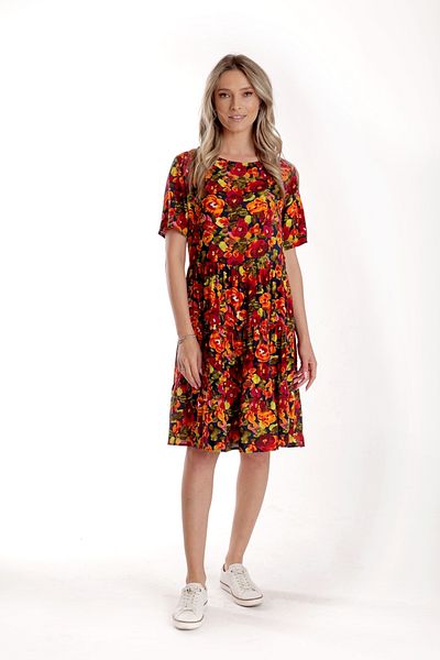 Eranthe Rochie cu Volane Dama V279, Rosu cu imprimeu multicolor