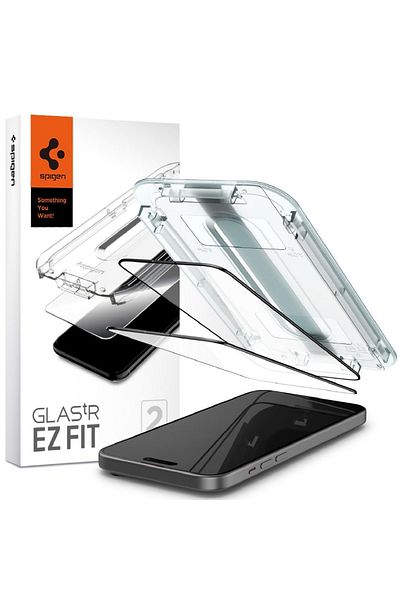 Spigen Glass Tr Ez Fit Screen Protector for iPhone 15 Plus, Set of 2, Mounting Kit, Black
