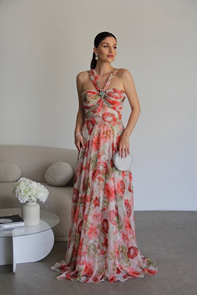 Julidress فستان سهرة من الشيفون والساتان والكريستال وحجر البروش بدون حمالات و...