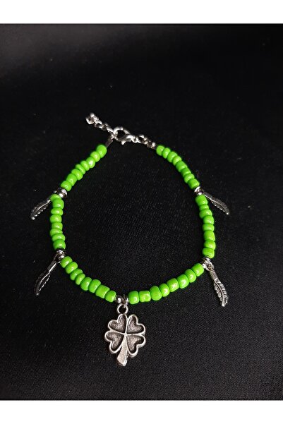 MRYart Green Beaded Four Leaf Clover and Feather Detailed Anklet