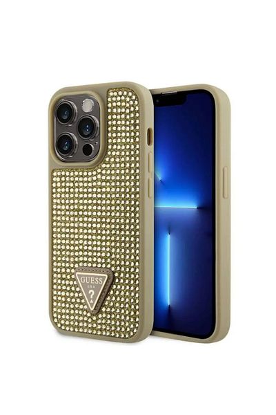 Guess Rhinestones Triangle Metal Logo Case Iphone 15 Pro Gold