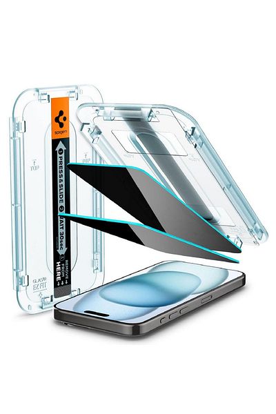 Spigen Glass Tr Ez Fit Privacy Screen Protector for iPhone 15, Set of 2, Installation Kit
