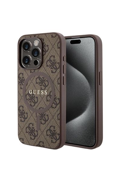 Guess Case Pu Leather 4g Colored Ring Magsafe Iphone 15 Pro Max Brown