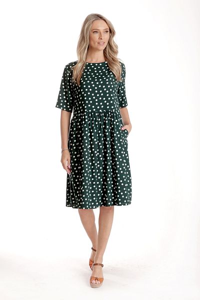 Eranthe Women's Medium Dress V273, Dark green with white polka dots