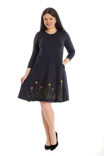 Eranthe Women's Dress with Pockets, Navy Blue with Handmade Painting