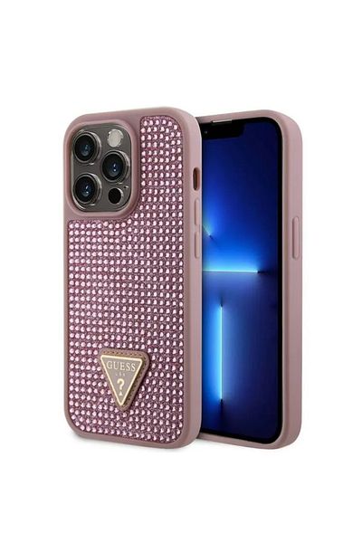 Guess Guess Husa Rhinestones Triangle Metal Logo iPhone 15 Pro Roz