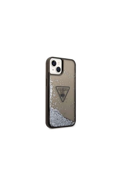 Guess Case Iphone 14 Liquid Glitter Translucent Triangle Logo Black