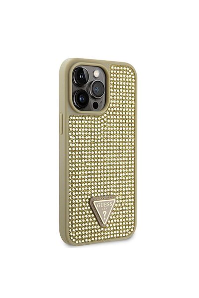 Guess Rhinestones Triangle Metal Logo Case Iphone 14 Pro Max Gold