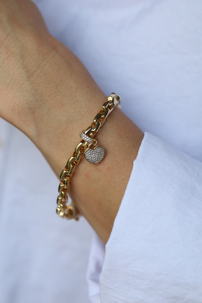 Yenigün Kuyumculuk 14 Ayar Altın Kalp Detaylı Kalın Zincir Bileklik