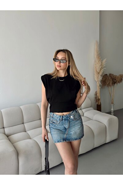 novalook Bluză crop căptușită din tricotaj pentru femei, cu accesorii metalic...