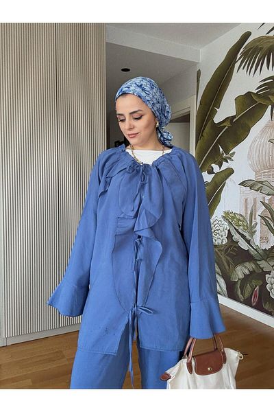 Aselim Hijap Moda Βολάν Βαμβακερό Σετ Κιμονό – Καλοκαιρινό Σετ Διπλό Σετ Indigo Blue
