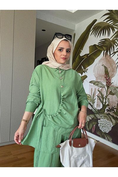 Aselim Hijap Moda طقم مكون من قطعتين من القطن الفراولة مع تفاصيل مطاطية - طقم بأزرار باللون الأخضر