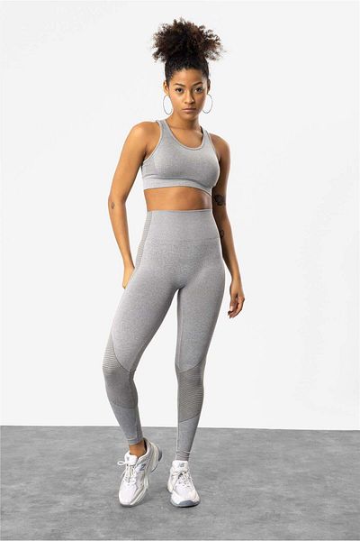 No Matter What Grey High Waist Rib Detailed Seamless Sports Tights