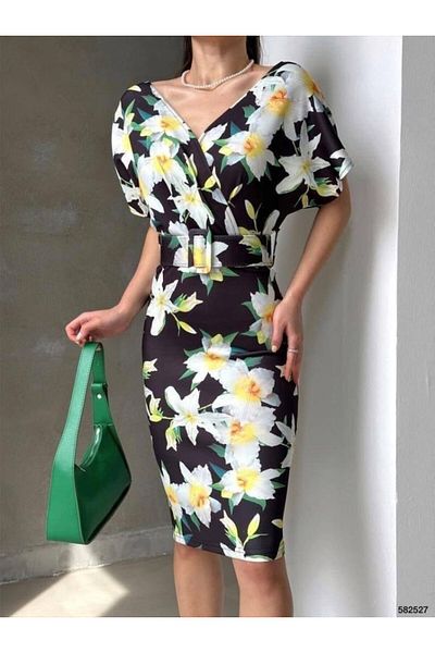 MRA Fashion Women's Diver Fabric V Neck Floral Pattern Belted Pencil Dress