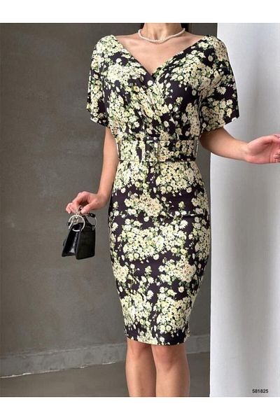 Moda Asmira Women's Diver Fabric V Neck Floral Pattern Belted Pencil Dress