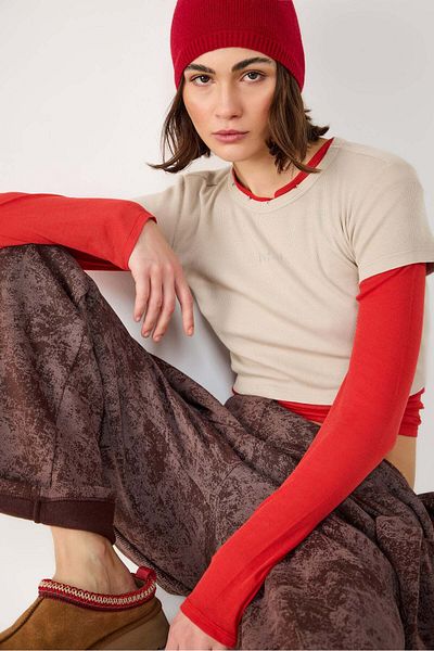 No Matter What Kurzes, geripptes T-Shirt mit Stickerei in Stein