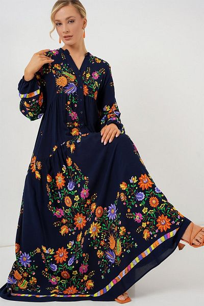 Kokosh moda 2423 Authentic Patterned Hijab Dress - Plain Navy Blue