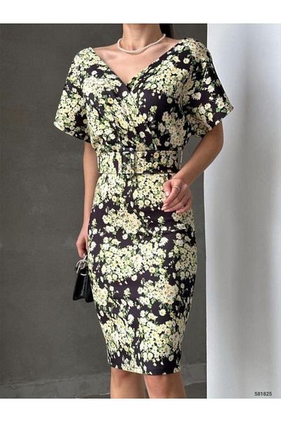 Moda Asmira Women's Diver Fabric V Neck Floral Pattern Belted Pencil Dress