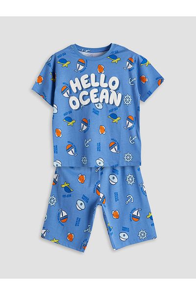 LC Waikiki Blue Printed Boys' Shorts Pajama Set