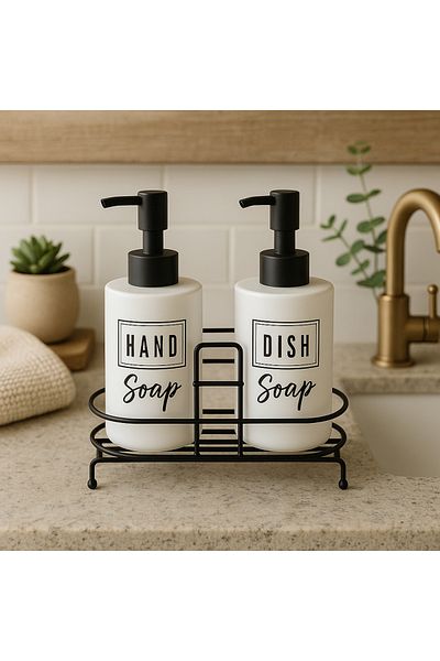 SYN AKSESUAR Set of 2 Liquid Soap Dispensers with Stand - Set of 2 Soap Dispensers for Kitchen and Bathroom (White-Black)