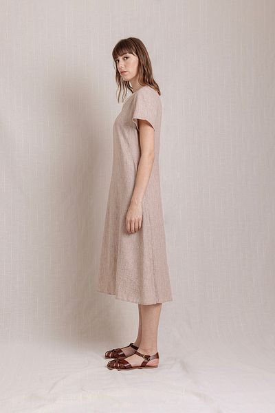 Volanlı Summer Linen Dress with V-Neck Pockets