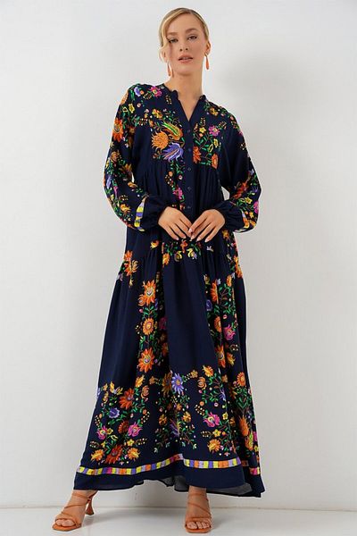 Kokosh moda 2423 Authentic Patterned Hijab Dress - Plain Navy Blue