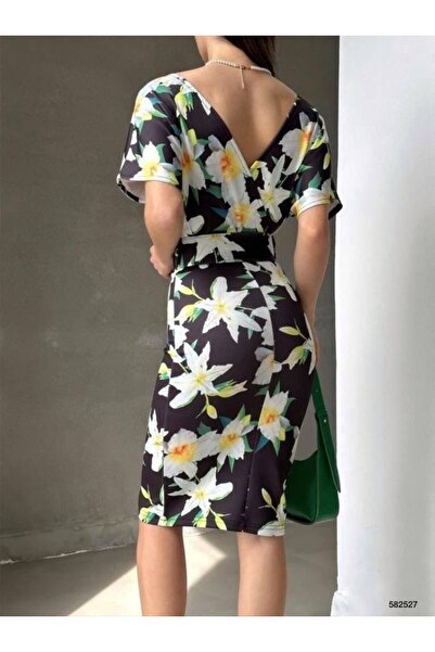 buğrahayalin Women's Diver Fabric V Neck Floral Pattern Belted Pencil Dress