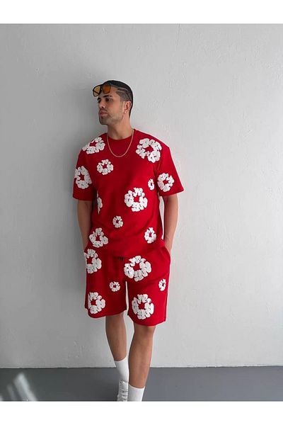 BBbutik Flower Embossing Printed Two Thread Fabric T-Shirt Shorts Set - Red Color