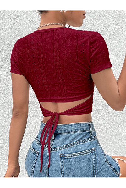 Wild Flower Bluză crop cu mânecă scurtă cu talie burgundă