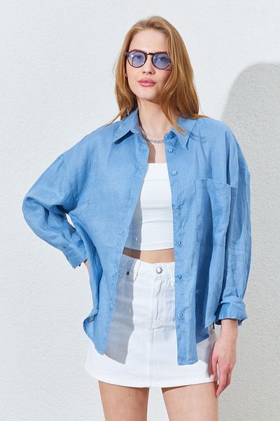 Manche 100% Linen Women's Shirt - Baby Blue |   Mkes169571 - One