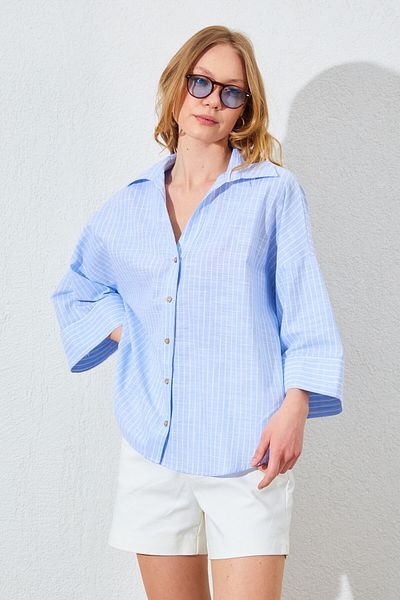 Manche Double Sleeve Deep V Neck Oversize Shirt - Light Blue |   Mkes161358--1
