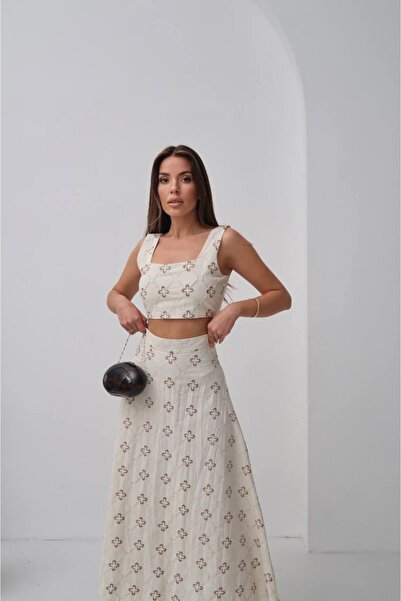 369 etnik butik “Cream Patterned Two Piece Summer Suit – Square Neck Crop and A-Line Skirt”
