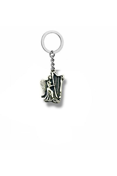 Herşey Nota Unisex Metal Keychain with Harp Playing Angel Figure – Divine Peace and Artistic Elegance Themed Accessory