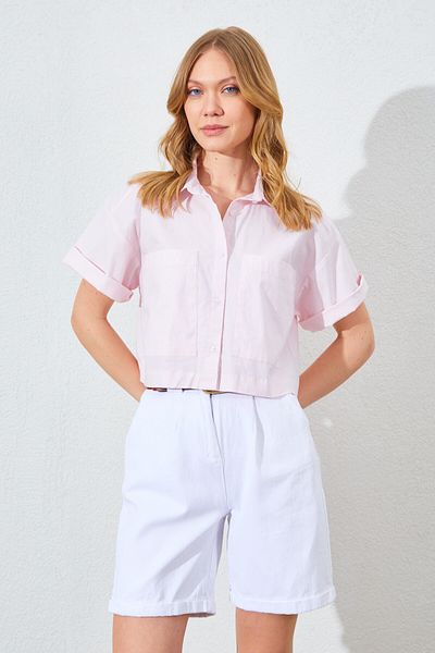 Manche Double Pocket Low Sleeve Crop Shirt - Pink |   Mk161448-01