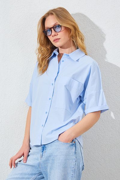 Manche Low Sleeve Single Pocket Shirt - Blue |   Mk161450-01