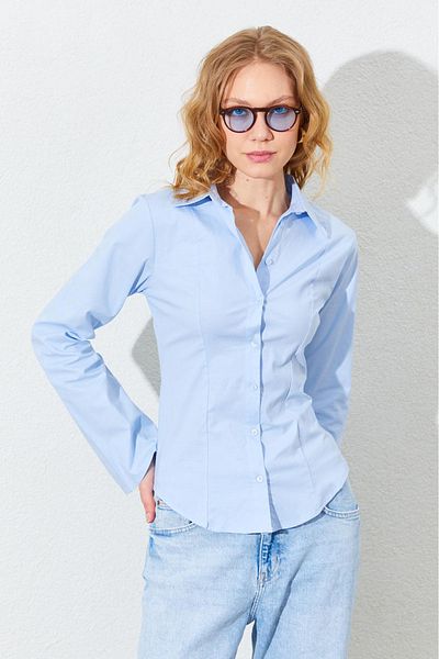 Manche Waist Seat Spanish Sleeve Lycra Cotton Shirt - Blue |   Mk161463-01