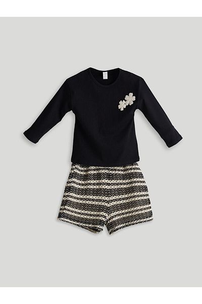 LC Waikiki LCW Kids Black Floral Girl's Krinkle Blouse and Shorts 2 Pcs